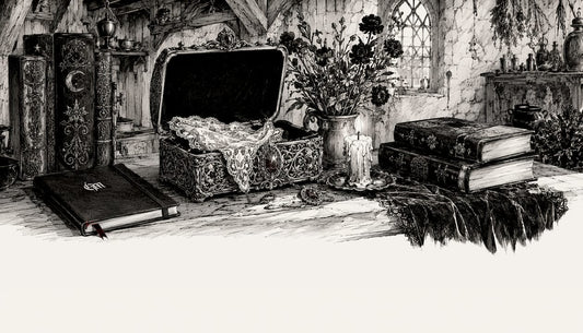 Pen and ink sketch of gothic folk art elements on wooden table