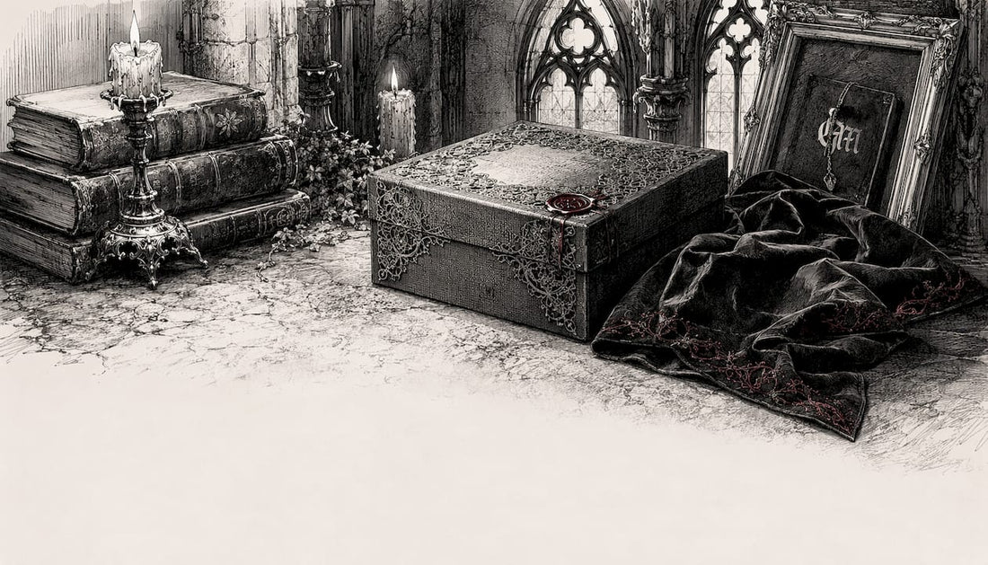 Pen and ink sketch of gothic packaging elements
