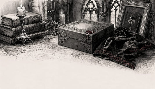 Pen and ink sketch of gothic packaging elements