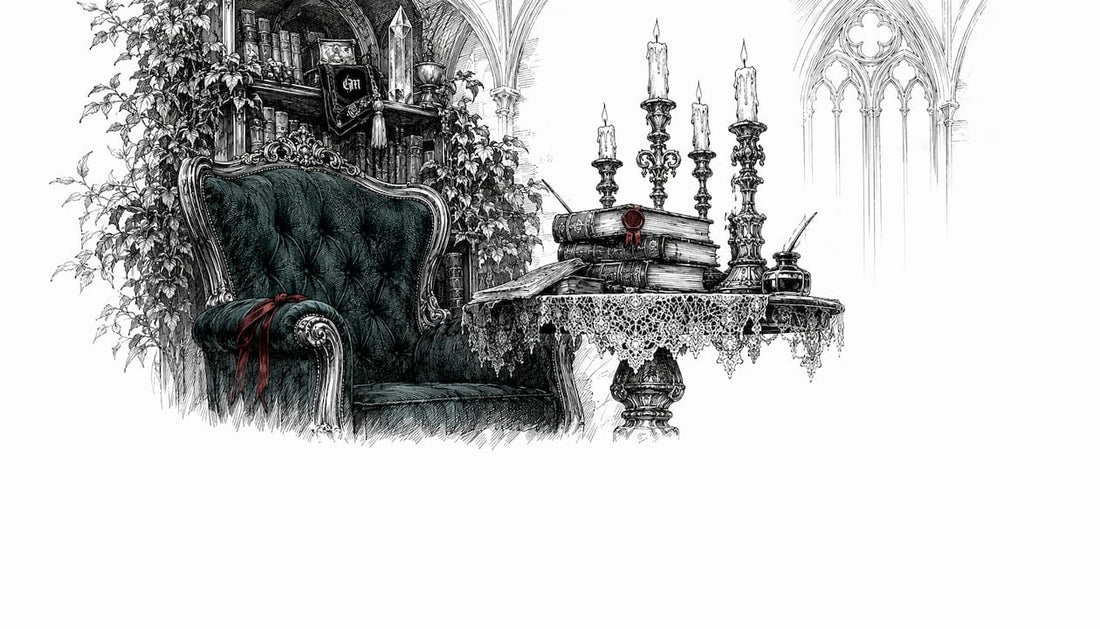 Pen and ink sketch of gothic moody room interior