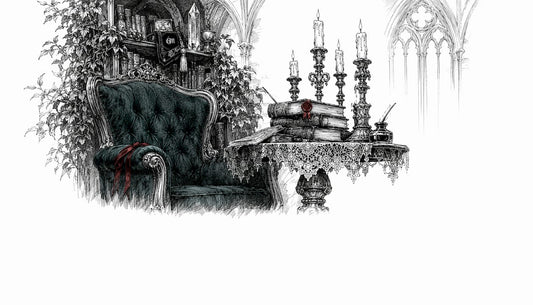 Pen and ink sketch of gothic moody room interior