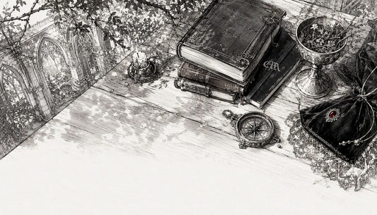 Elegant witchy ritual tools on wooden desk