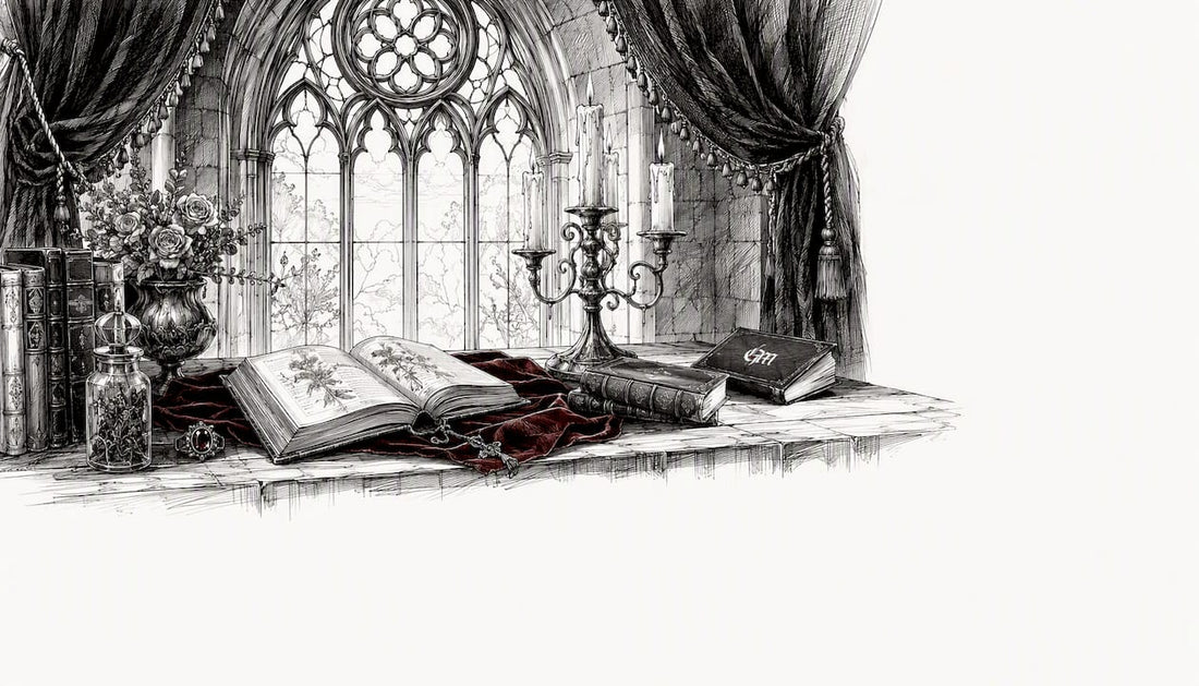 Pen and ink sketch of vintage witchcraft supplies on desk