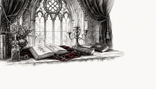 Pen and ink sketch of vintage witchcraft supplies on desk