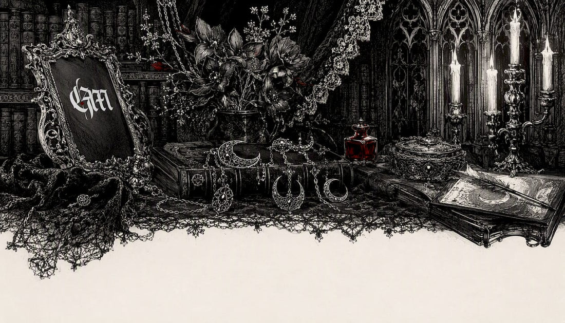 Victorian gothic desk with occult jewelry collection