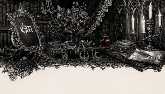 Victorian gothic desk with occult jewelry collection
