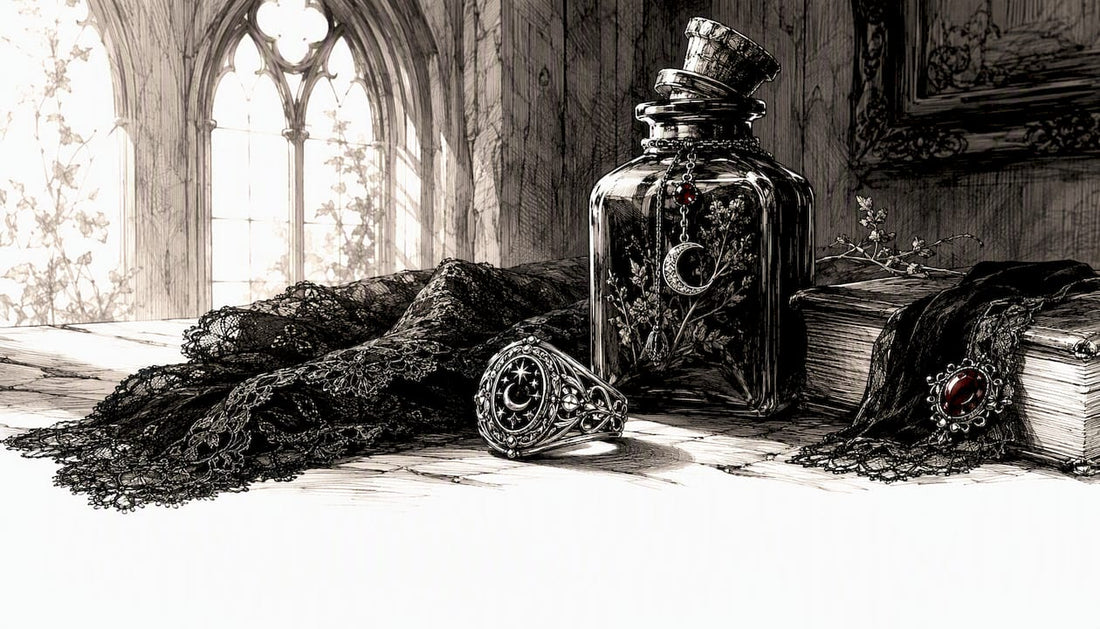 Close-up of gothic fashion accessories and decor
