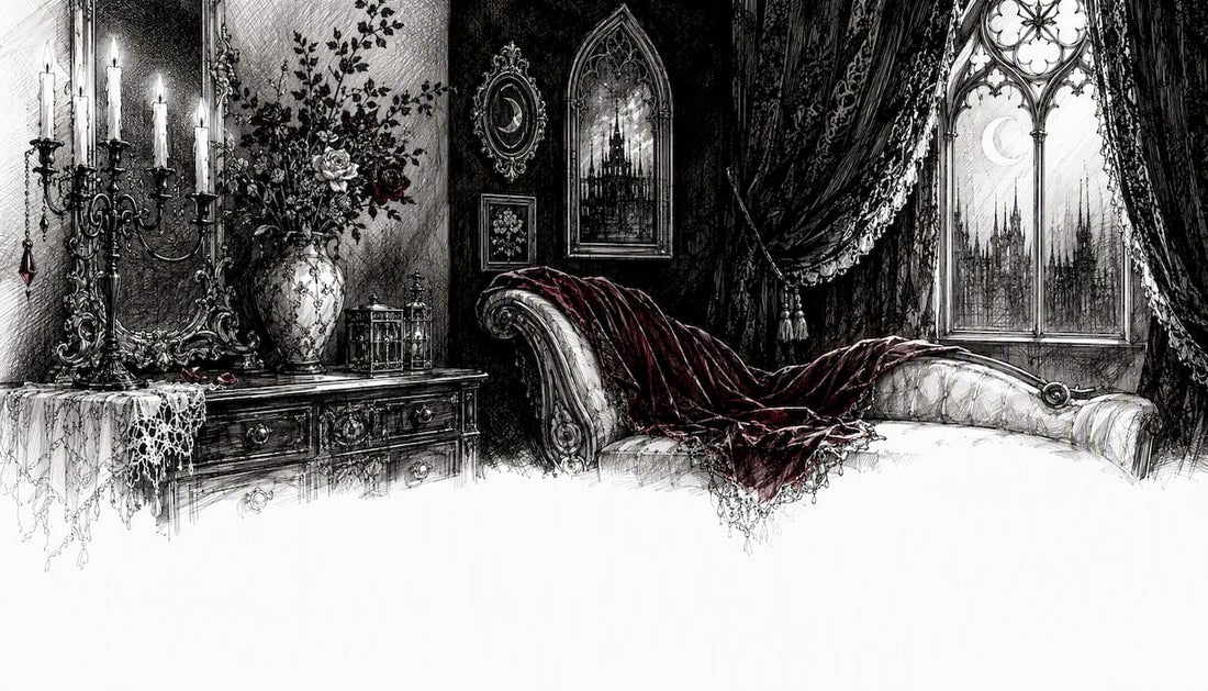 Moody gothic interior corner with candles and velvet textures