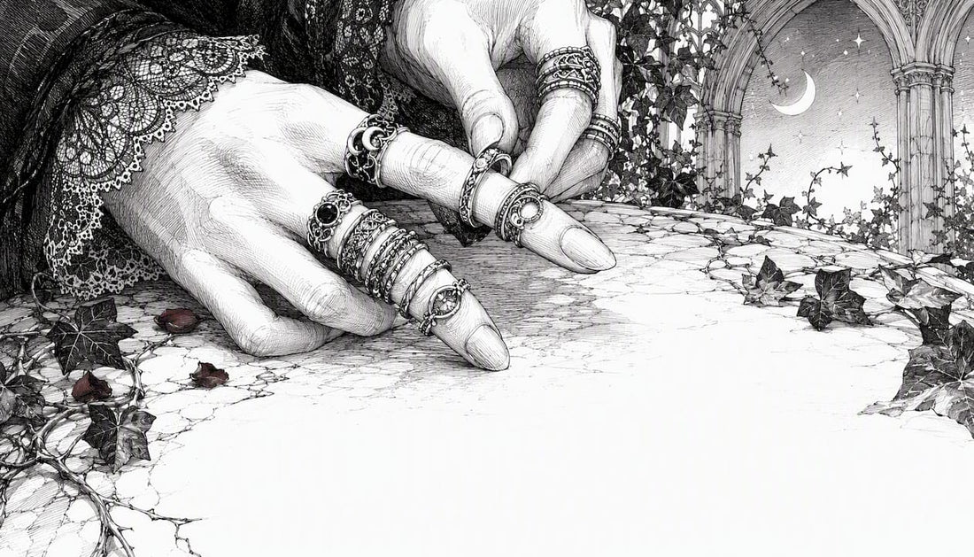 Hand wearing layered gothic rings on multiple fingers