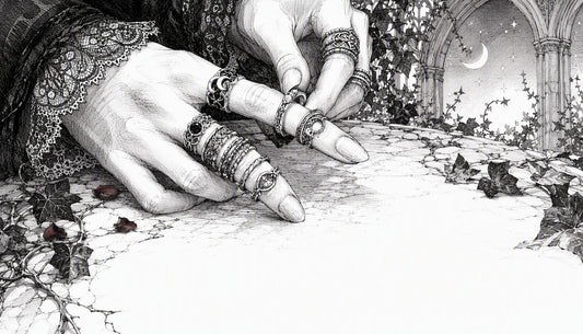 Hand wearing layered gothic rings on multiple fingers