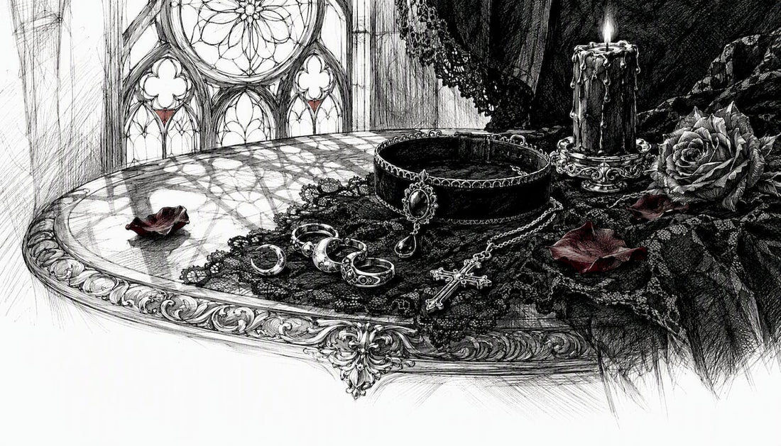 Velvet choker, rings, and pendant on lace