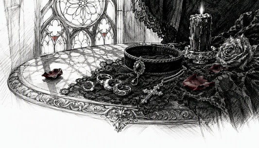 Velvet choker, rings, and pendant on lace