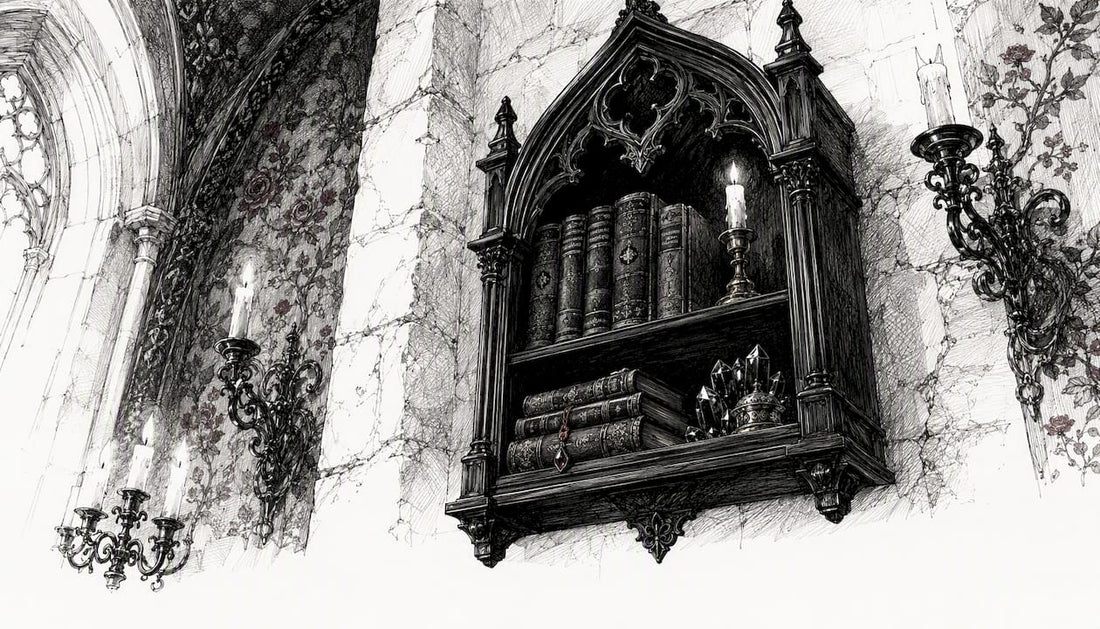 Gothic arch wall shelf in Victorian-style room corner