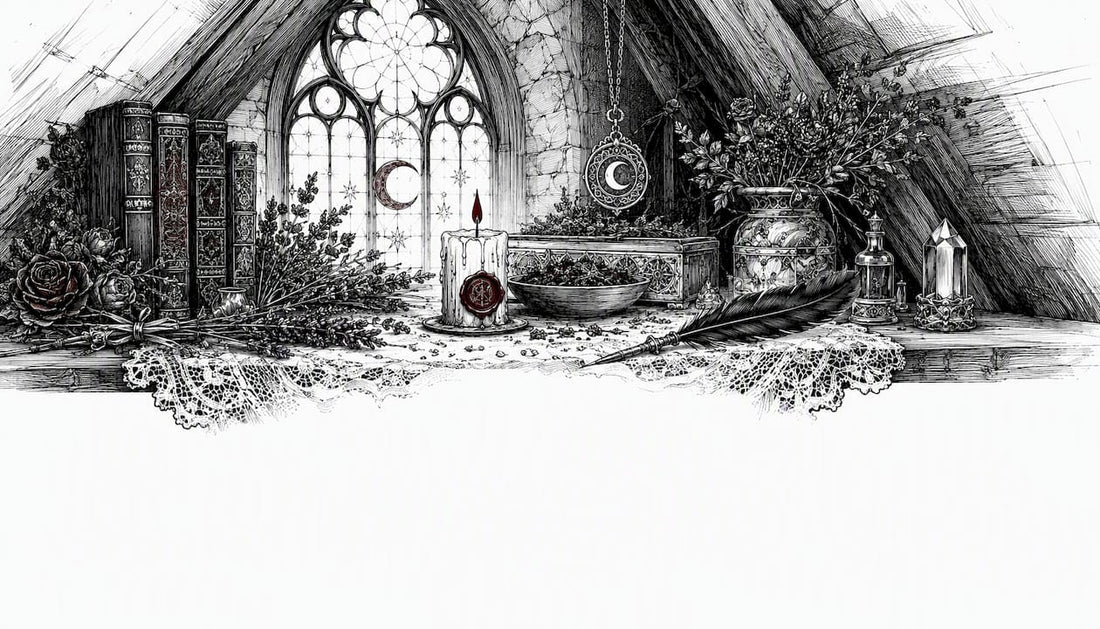 Sketch of a witchcraft altar with candle and bowl