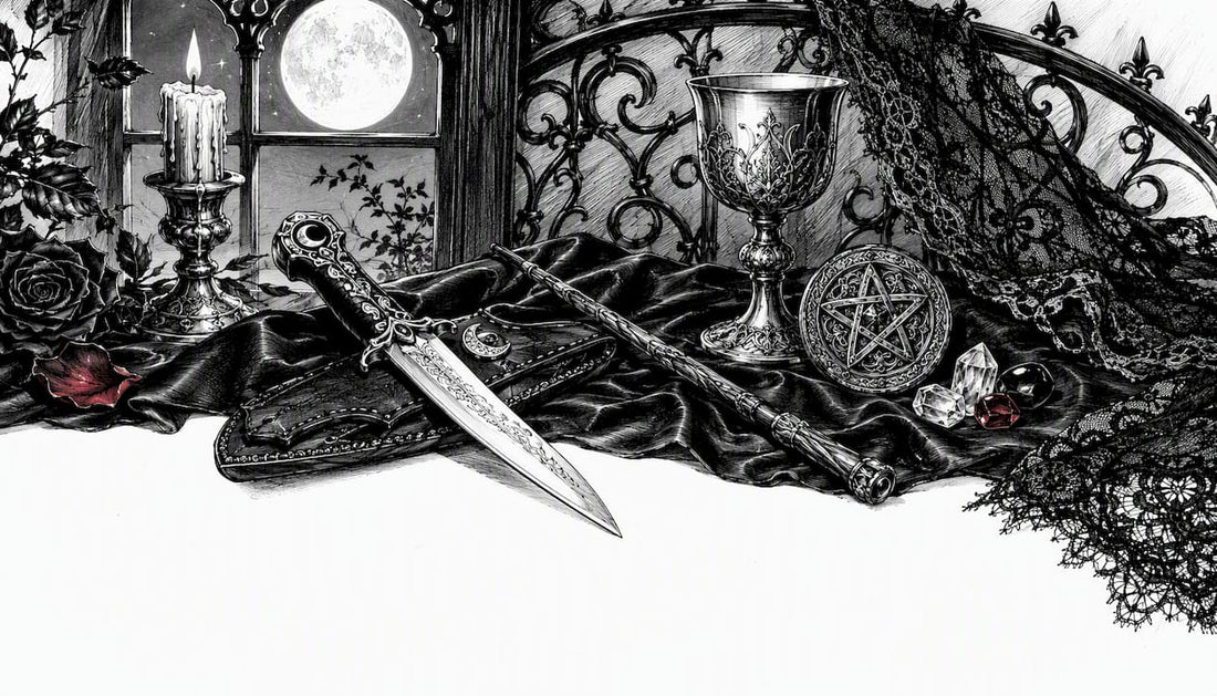 Altar with core witchcraft ritual tools and candle