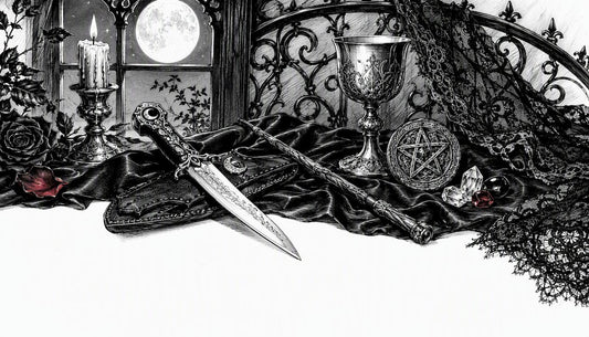 Altar with core witchcraft ritual tools and candle