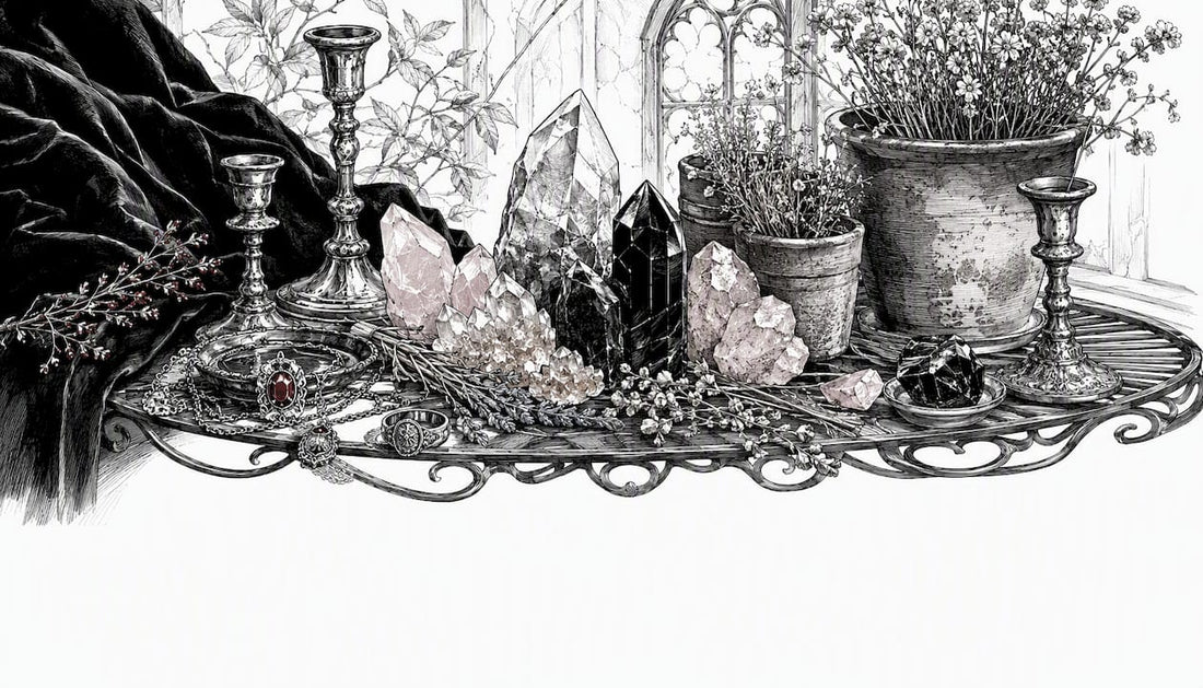 Crystals and candles on gothic altar surface