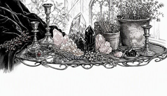 Crystals and candles on gothic altar surface