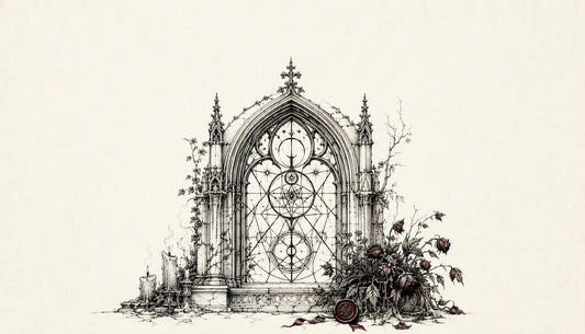 Pen and ink sketch of gothic arch with esoteric symbols