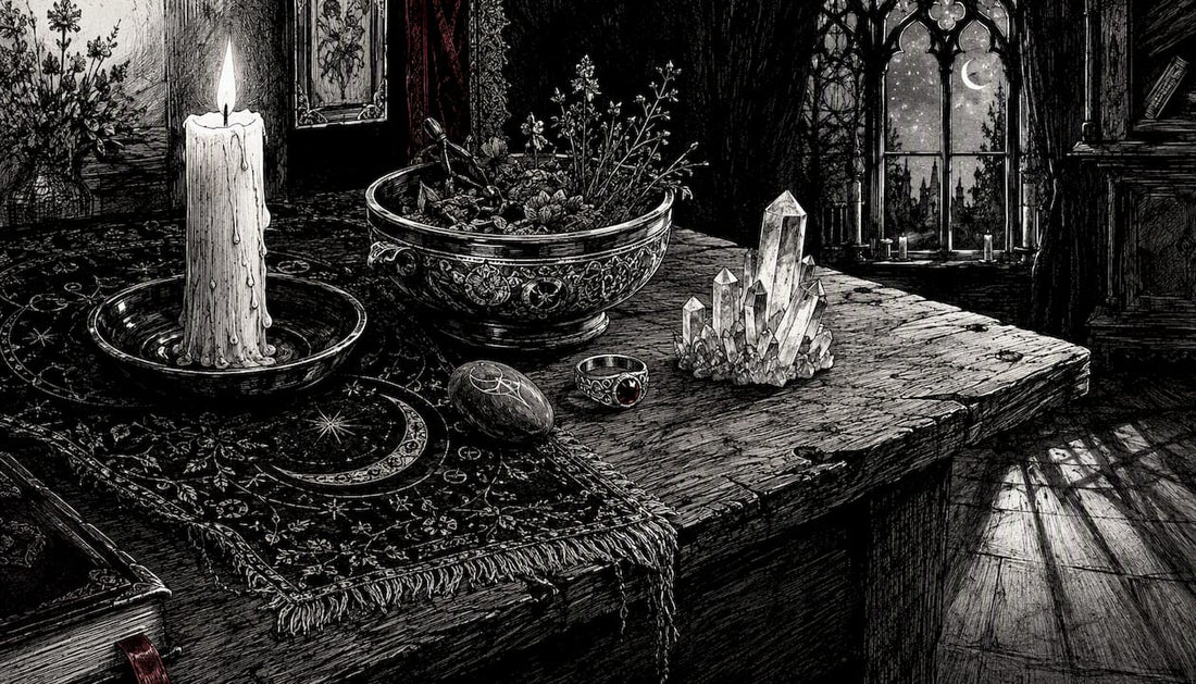 Simple pagan altar setup with candle and offerings