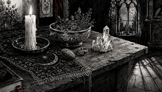 Simple pagan altar setup with candle and offerings
