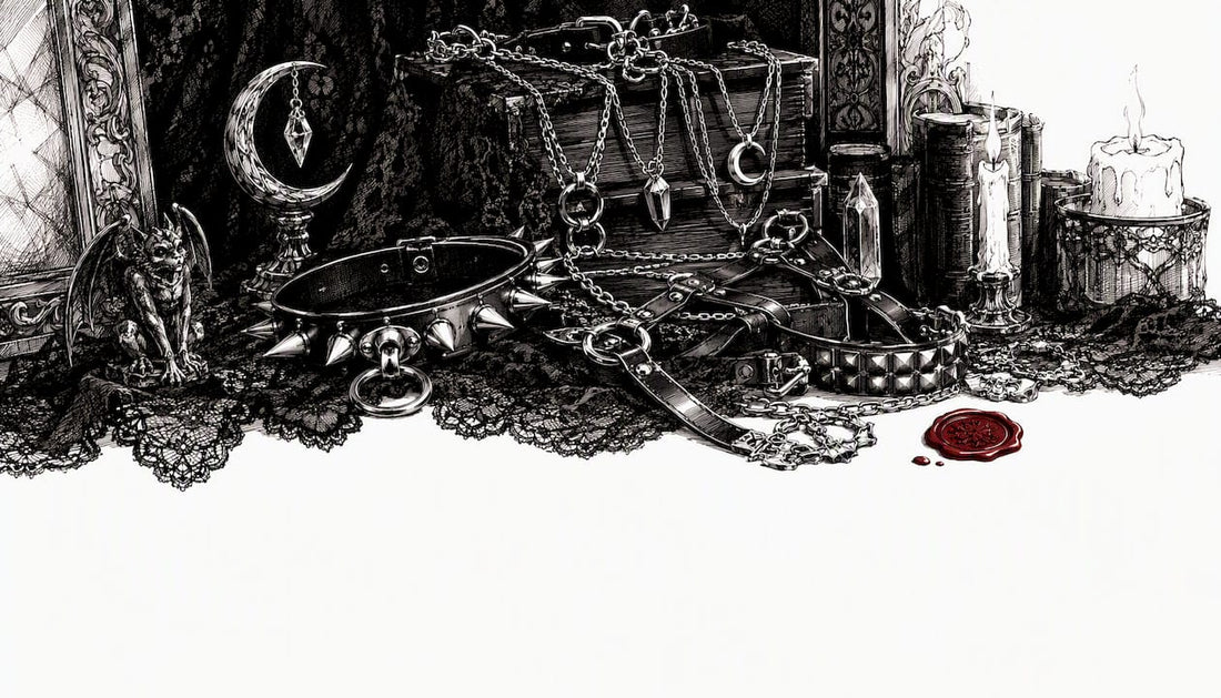 Curated alternative gothic accessories on velvet cloth