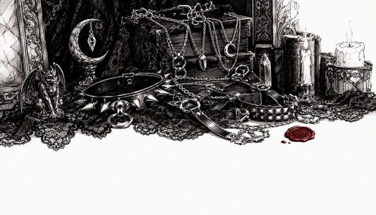 Curated alternative gothic accessories on velvet cloth