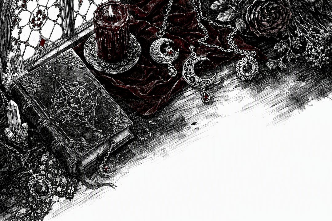 Flat lay of gothic horror merchandise on velvet cloth