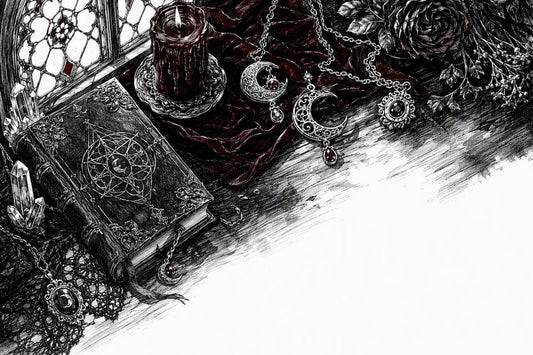 Flat lay of gothic horror merchandise on velvet cloth