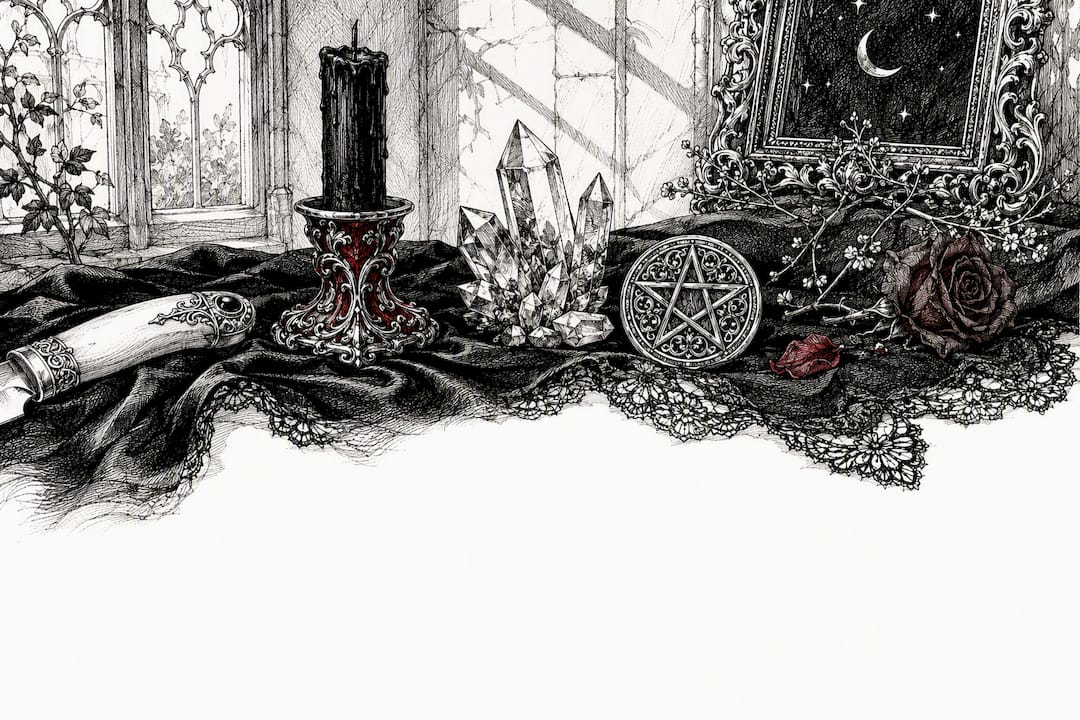 Pen and ink sketch of witchcraft altar tools