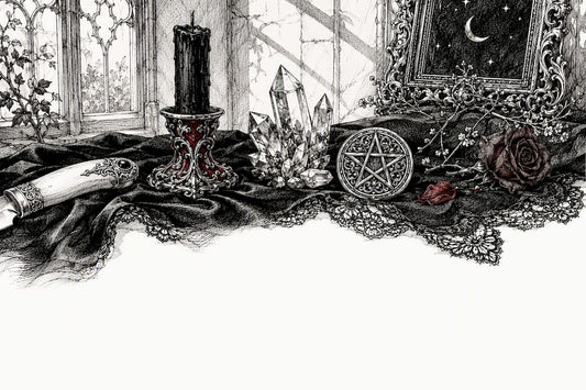 Pen and ink sketch of witchcraft altar tools
