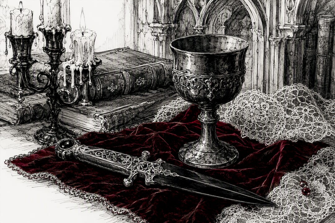 Victorian altar with athame and chalice in candlelight