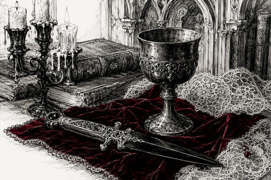 Victorian altar with athame and chalice in candlelight