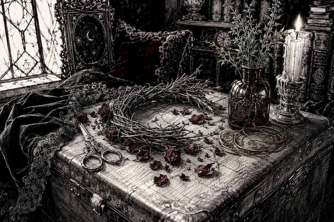 Twig wreath project on wooden table with candles