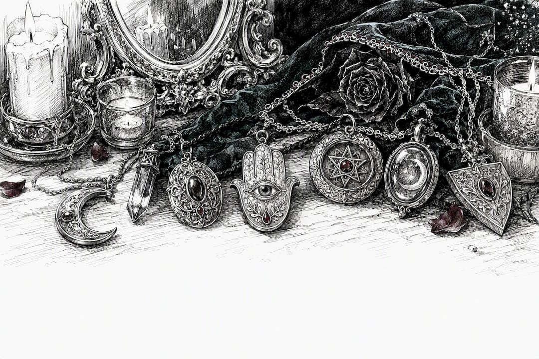 Gothic protection amulets on dark velvet