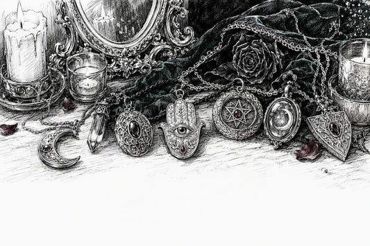 Gothic protection amulets on dark velvet