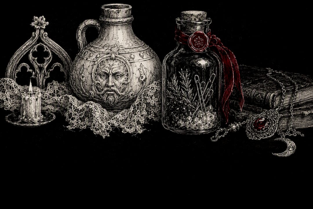 Pen and ink sketch of witch bottles with bent pins