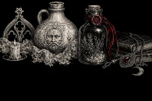 Pen and ink sketch of witch bottles with bent pins