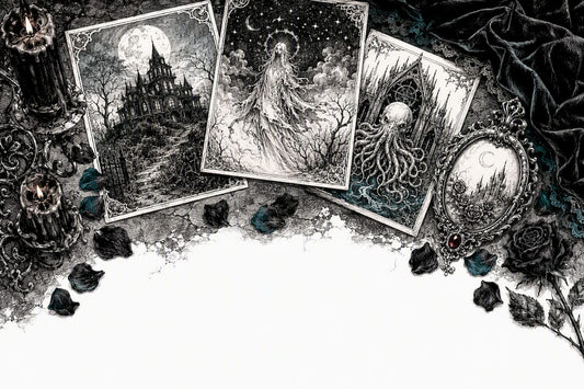Vintage style horror art prints with gothic props