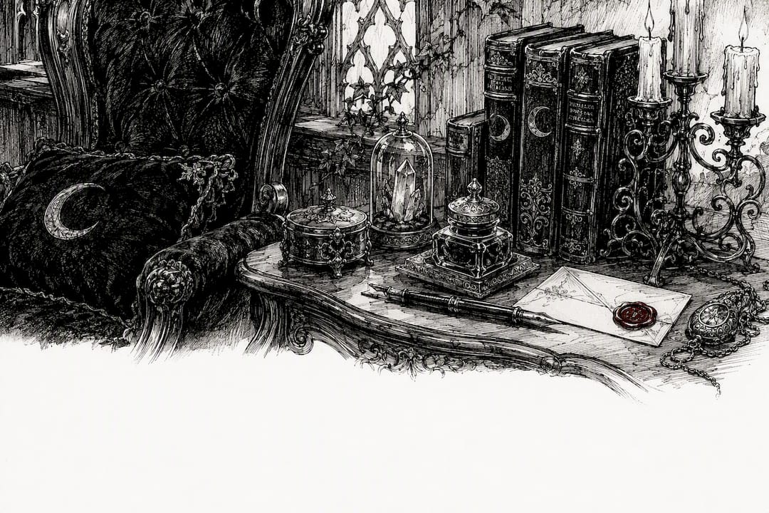 Victorian desk with gothic craft items and candlelight