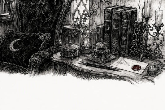 Victorian desk with gothic craft items and candlelight