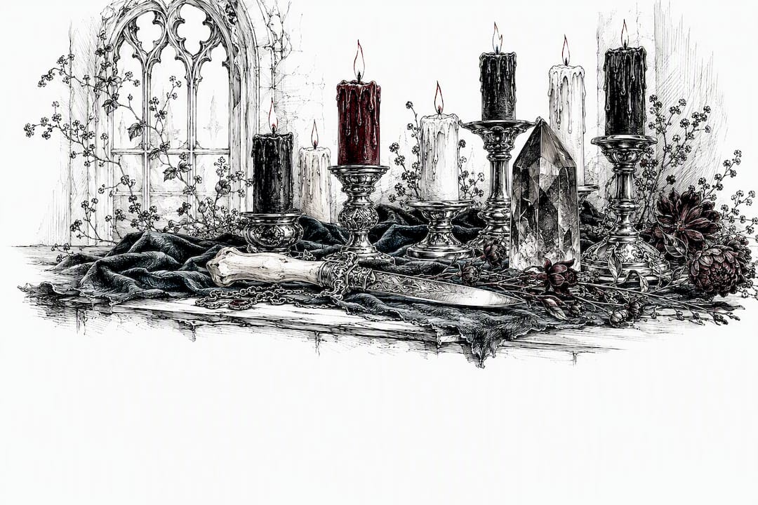 Lit colored ritual candles on gothic altar