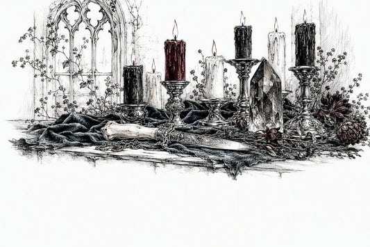 Lit colored ritual candles on gothic altar