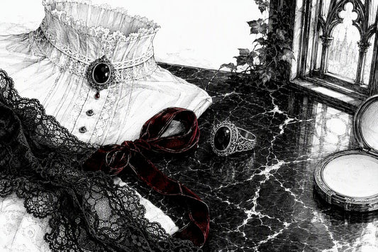 Detail of vampire goth fashion textiles and accessories