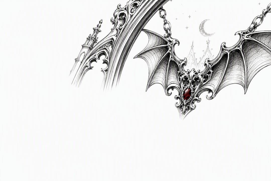 Cropped bat wing jewelry sketch with burgundy accent