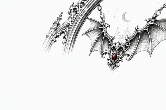 Cropped bat wing jewelry sketch with burgundy accent