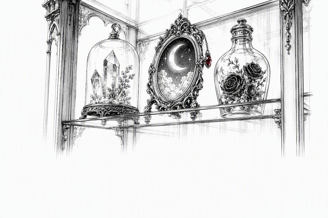Gothic collectibles arranged inside cabinet