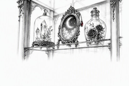 Gothic collectibles arranged inside cabinet