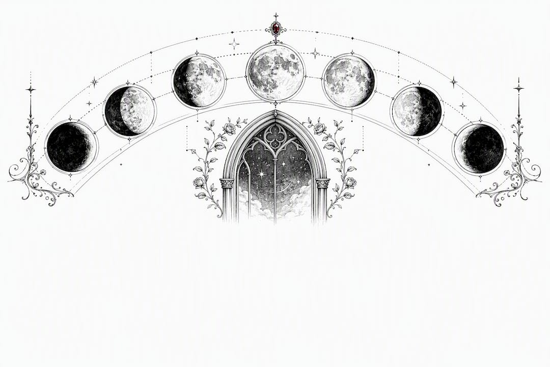 Eight lunar phases above gothic observatory