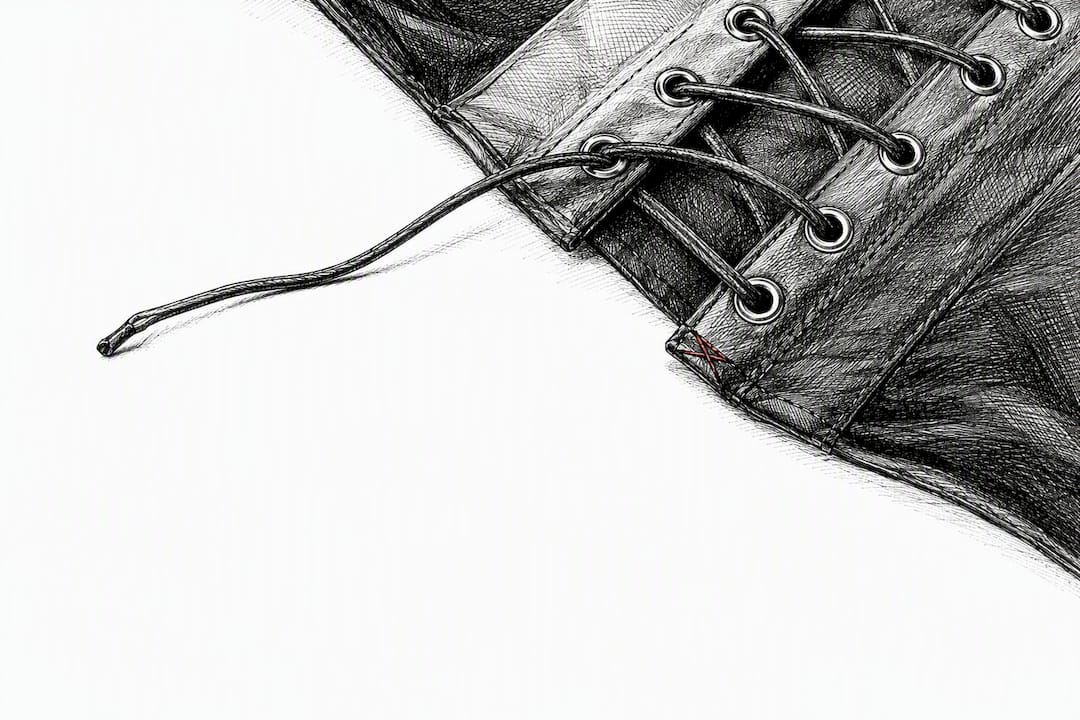 Waxed cord threaded through corset grommets